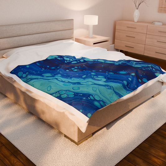 Ocean Marble Wave Velveteen Plush Blanket | maximalist pattern, bold blue collage